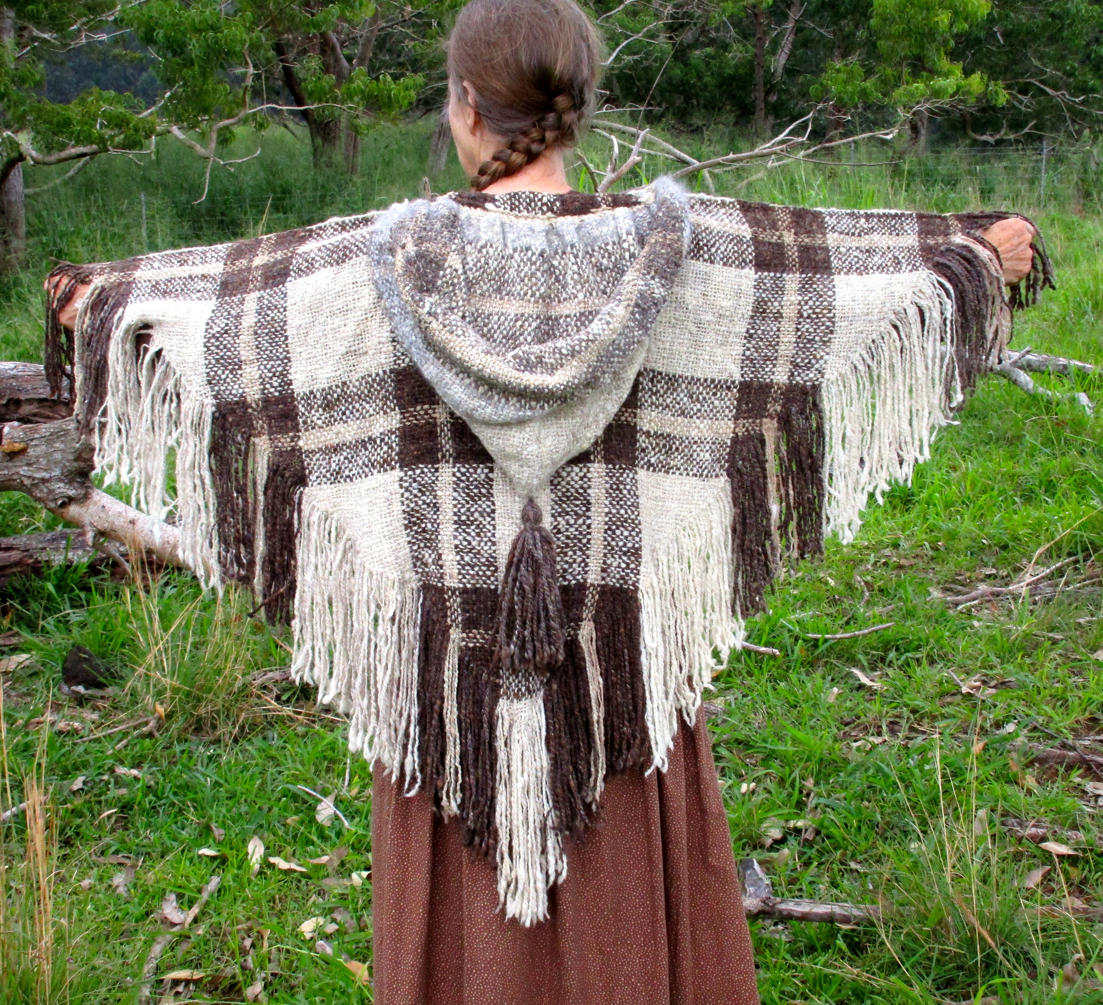 Photo of the brown hooded shawl.